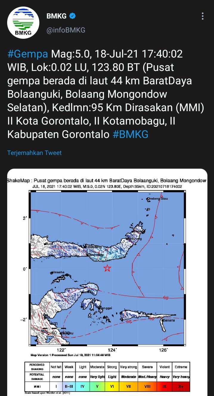 gempa bumi magnitudo 5,0 yang mengguncang Bolang Mangondow Selatan, Sulawesi Utara