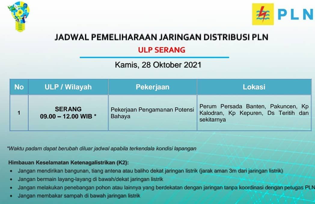 Jadwal dan lokasi pemadaman listrik bergilir PLN di Kota Serang, Kamis 28 Oktober 2021
