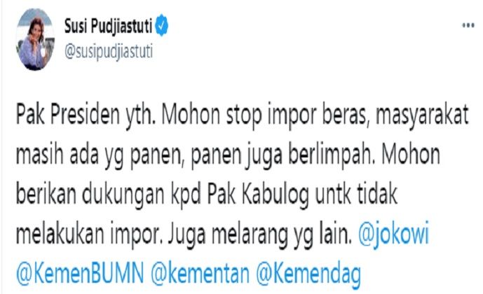 Cuitan Susi Pudjiastuti yang meminta Presiden Jokowi untuk stop rencana impor beras.