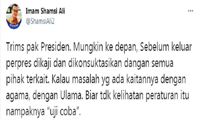 Cuitan Shamsi Ali yang apresiasi sikap Presiden Jokowi cabut Perpres soal izin investasi miras.
