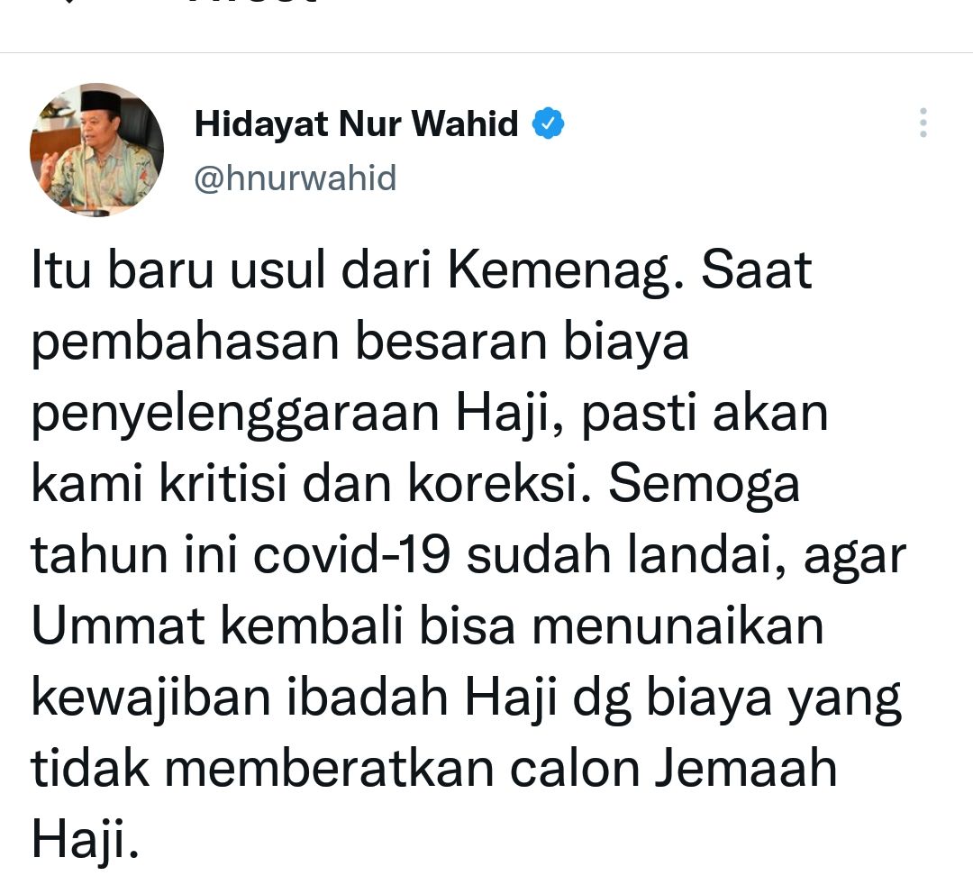 Cuitan Hidayat Nur Wahid soal usulan biaya naik haji dari Kemenag.