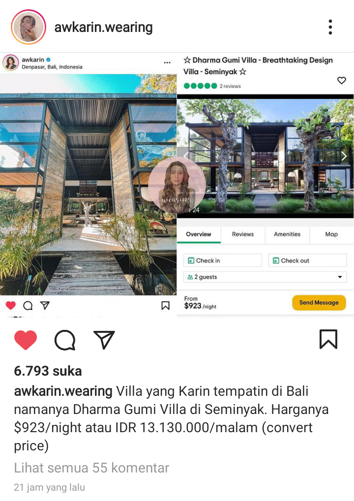 Tangkap layar unggahan Instagram Awkarin Wearing.