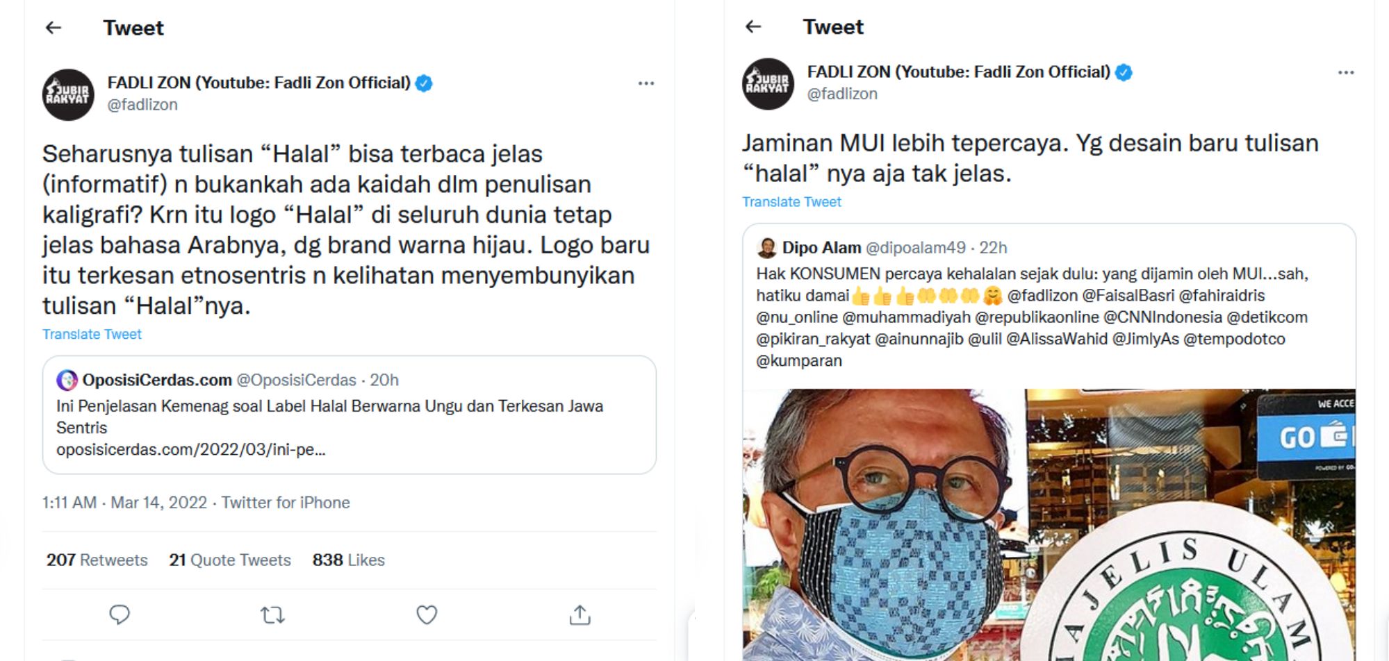 Cuitan Fadli Zon tentang logo Halal Indonesia.