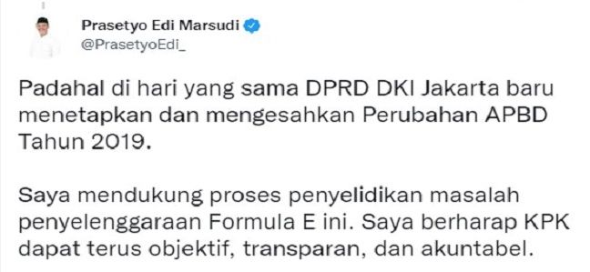 Cuitan Ketua DPRD DKI Jakarta Prasetyo Edi terkait Formula E.