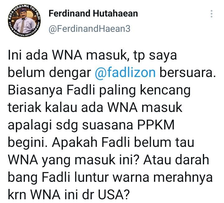 Cuitan Ferdinand Hutahaean menyindir Fadli Zon yang belum bersuara soal adanya WNA masuk ke Indonesia.