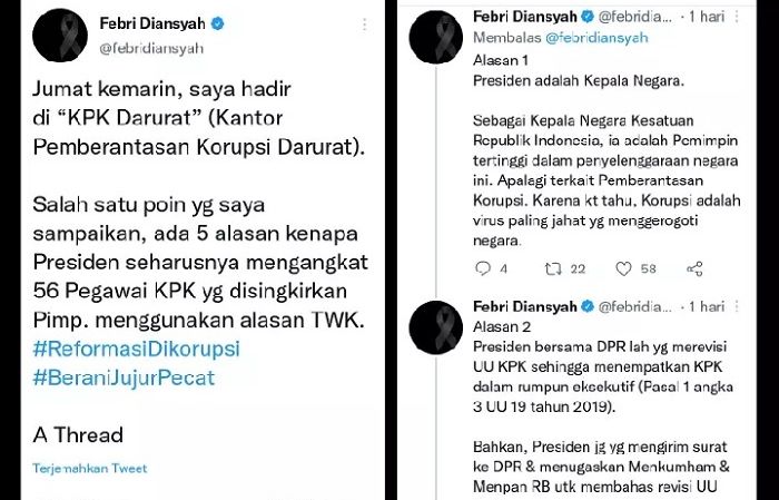 Febri Diansyah mengungkapkan lima alasan mengapa Presiden Jokowi perlu mengangkat 56 pegawai KPK yang tidak lolos TWK.*