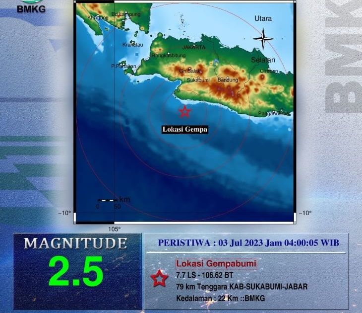 Peta pusat gempa bumi yang melanda wilayah Kabupaten Sukabumi Senin 3 Juli 2023.