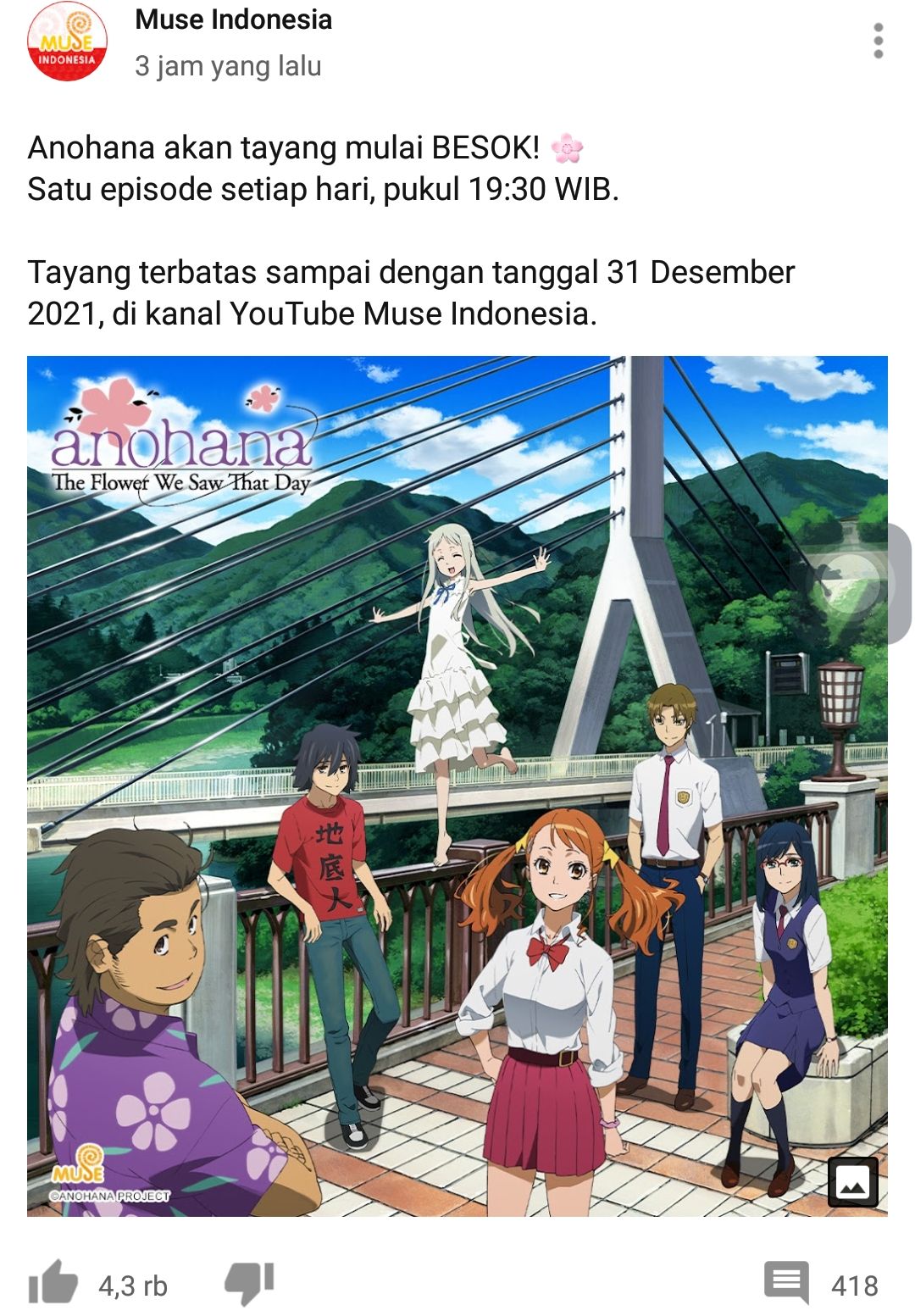 Pengumuman Muse Indonesia mengenai penayangan anime Anohana.