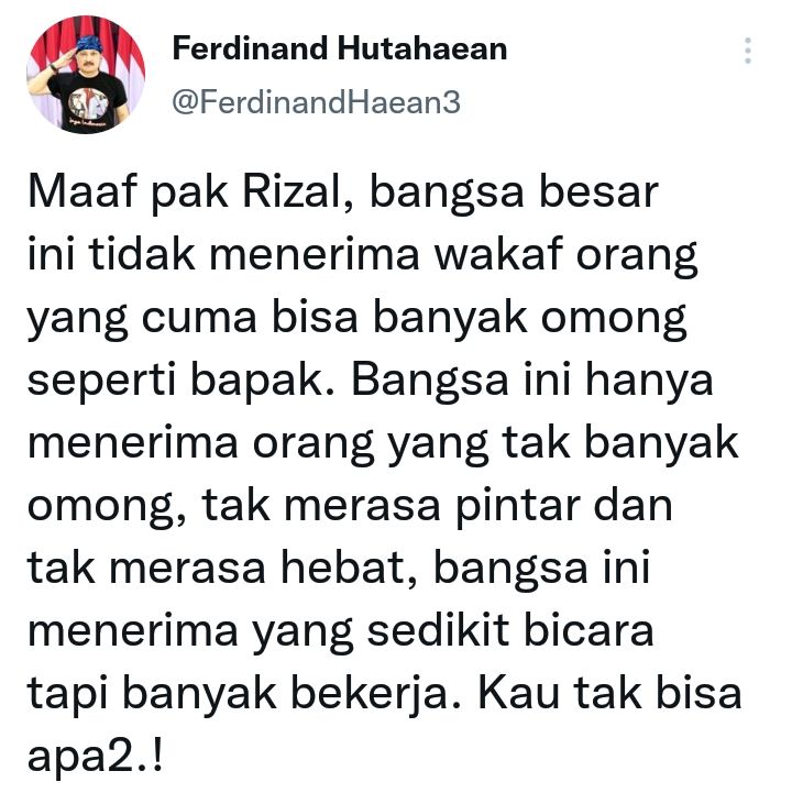 Ferdinand Hutahaean, mantan politisi partai Demokrat, menjawab pernyataan Rizal Ramli soal mewakafkan hidup untuk Indonesia.