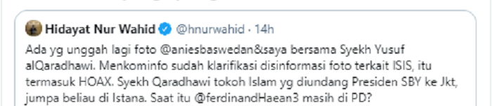 Fadli Zon menanggapi tudingan jika Anies Baswedan dan Hidayat Nur Wahid berfoto bersama terduga pimpinan ISIS, Syekh Qaradhawi.*