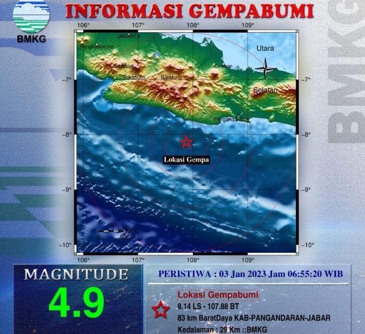 Pusat gempa bumi tektonik magnitudo 4.9 di Kabupaten Pangandaran Jawa Barat.