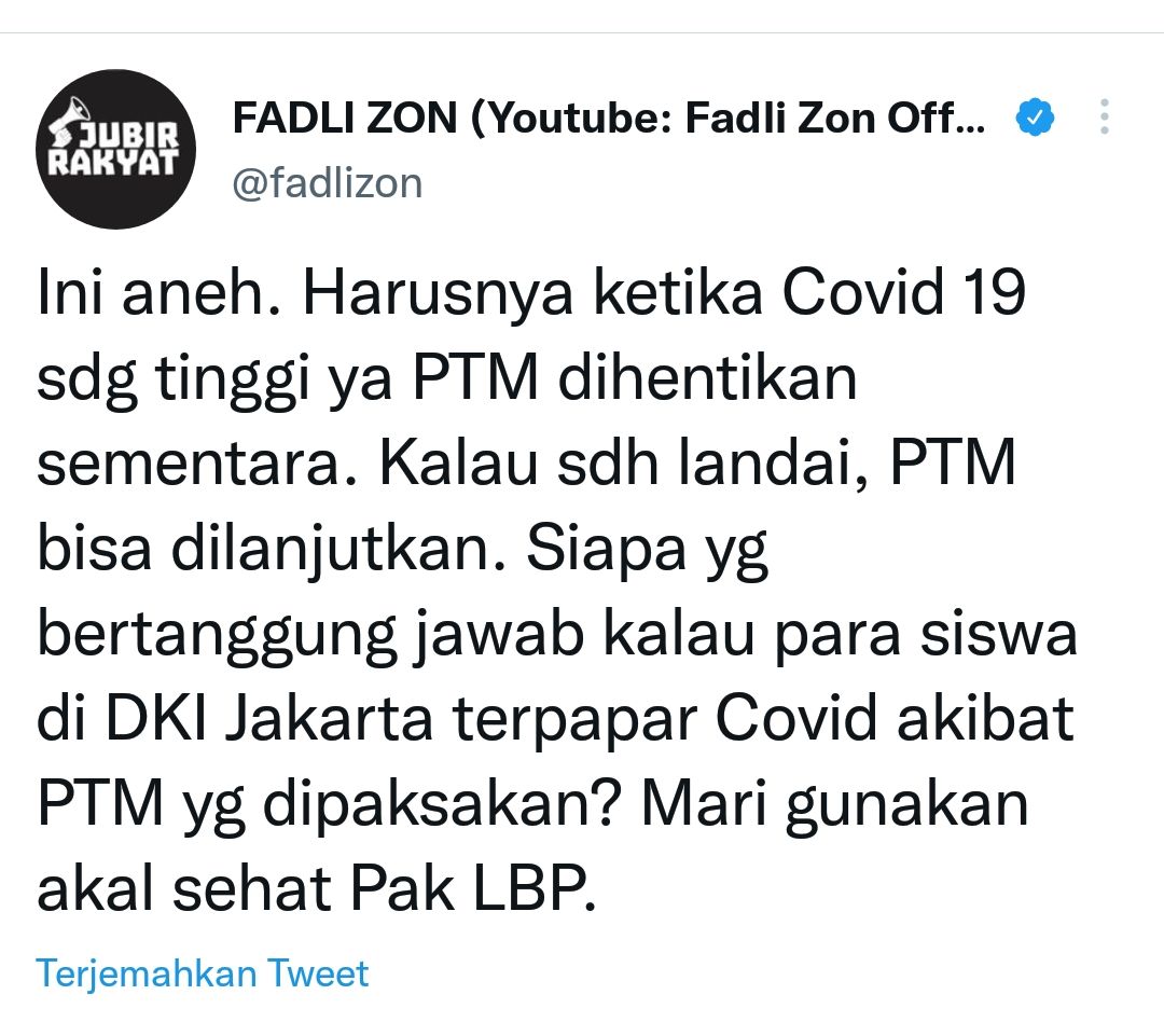 Cuitan Fadli Zon soal pernyataan Luhut yang menolak usulan Anies agar PTM dihentikan.