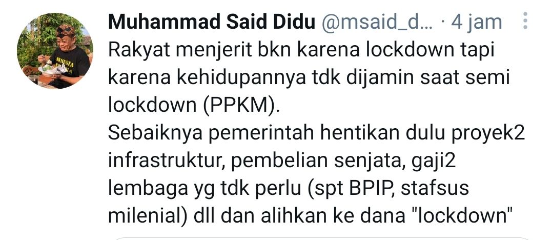 Tangkapan layar cuitan Said Didu terkait pernyataan Jokowi soal lockdown./