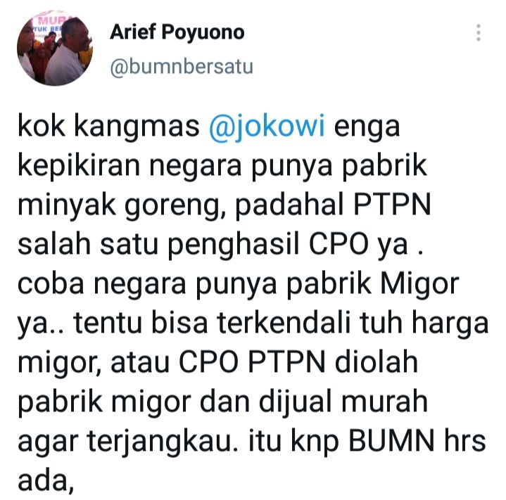 Cuitan Arief Poyuono soal kelanggan minyak goreng di Indonesia.