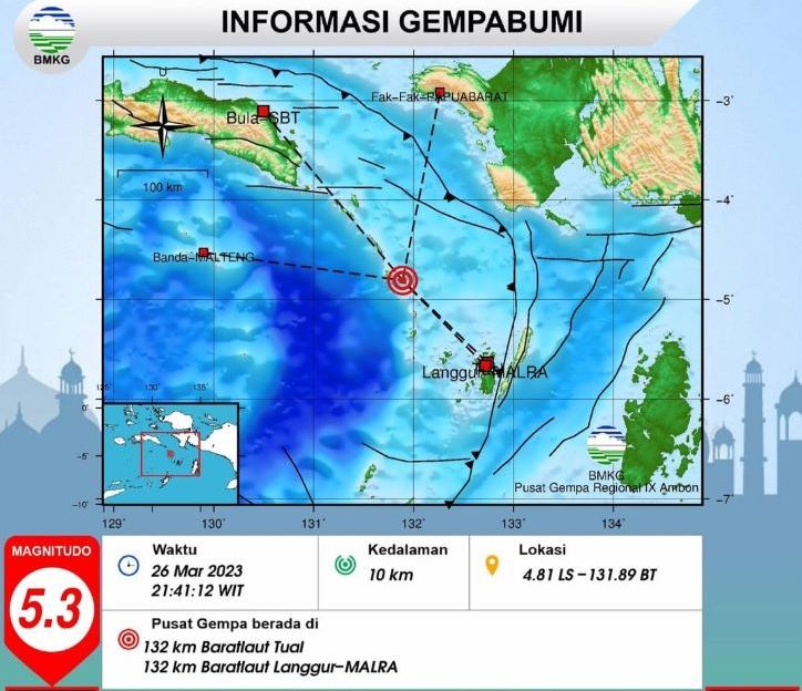 Pemodelan pusat gempa bumi tektonik yang melanda wilaya Provinsi Maluku.