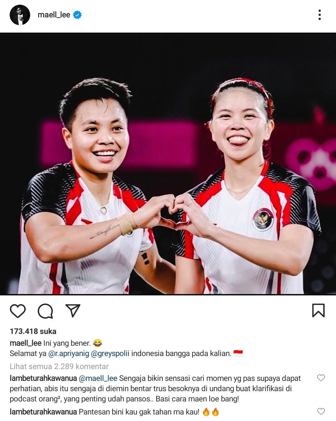 Unggah Foto Editan Greysia Polii, Netizen 'Serbu' Akun Instagram Maell Lee: Mereka Sumbang Medali Emas, Anda?
