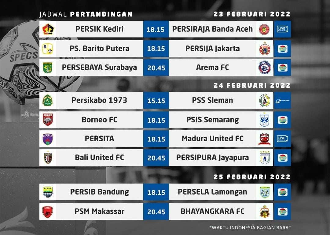 Jadwal Liga 1 Hari ini, 23 Februari 2022: Persebaya, Persija, dan Arema Fc  Disiarkan Langsung di Indosiar - Berita DIY