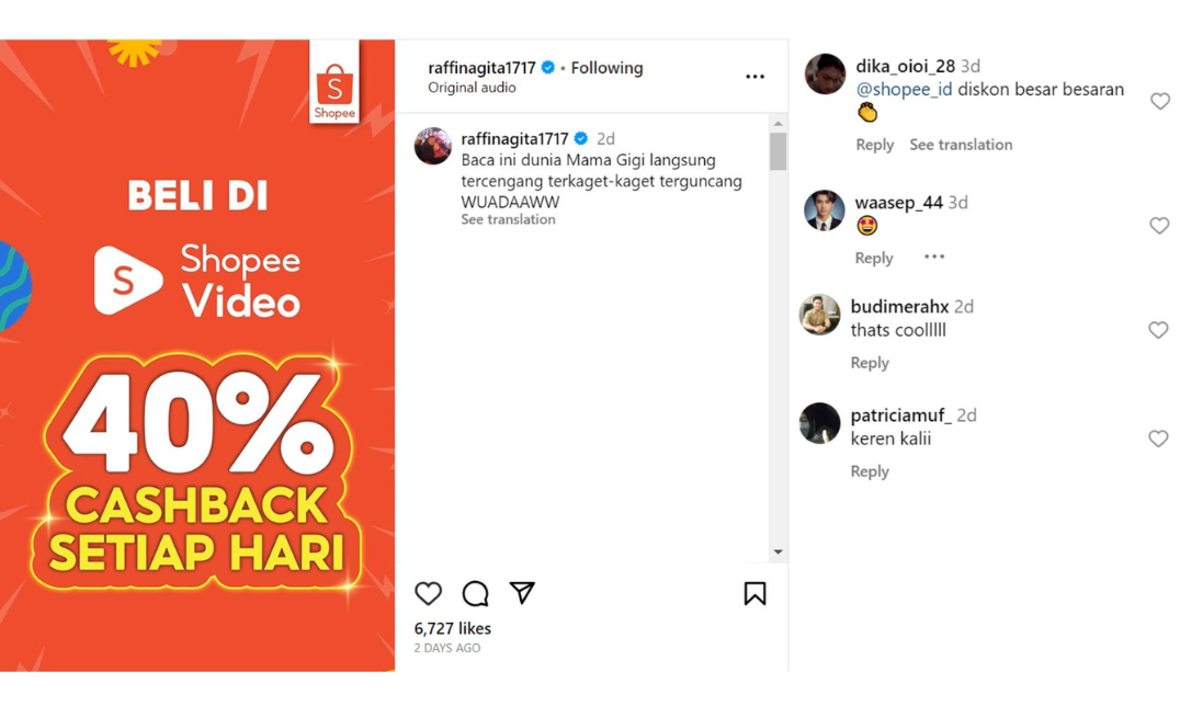 Postingan dan komentar di Instagram Raffi Ahmad.