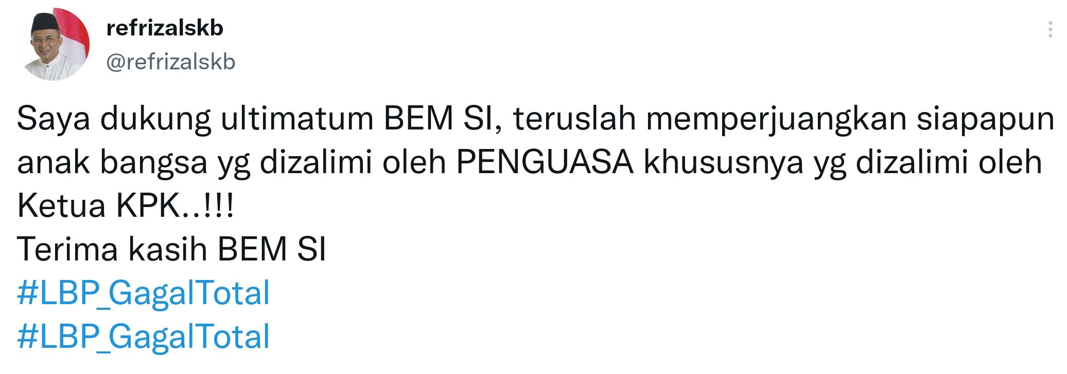 Cuitan politisi PKS, Refrizal yang mendukung ultimatum BEM SI terhadap Presiden Jokowi. 
