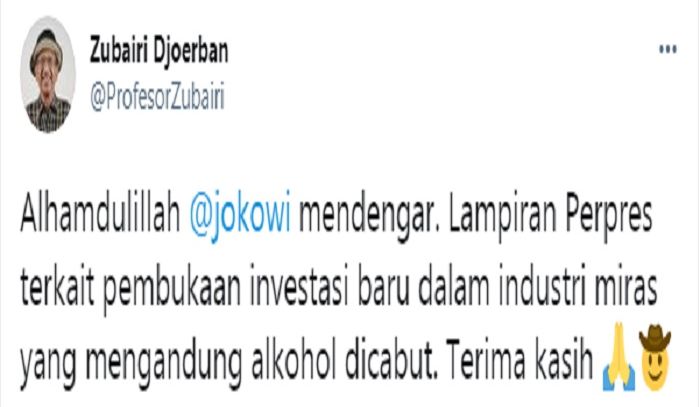 Cuitan Profesor Zubairi Djoerban yang merespons keputusan Presiden Jokowi cabut Perpres izin investasi miras.