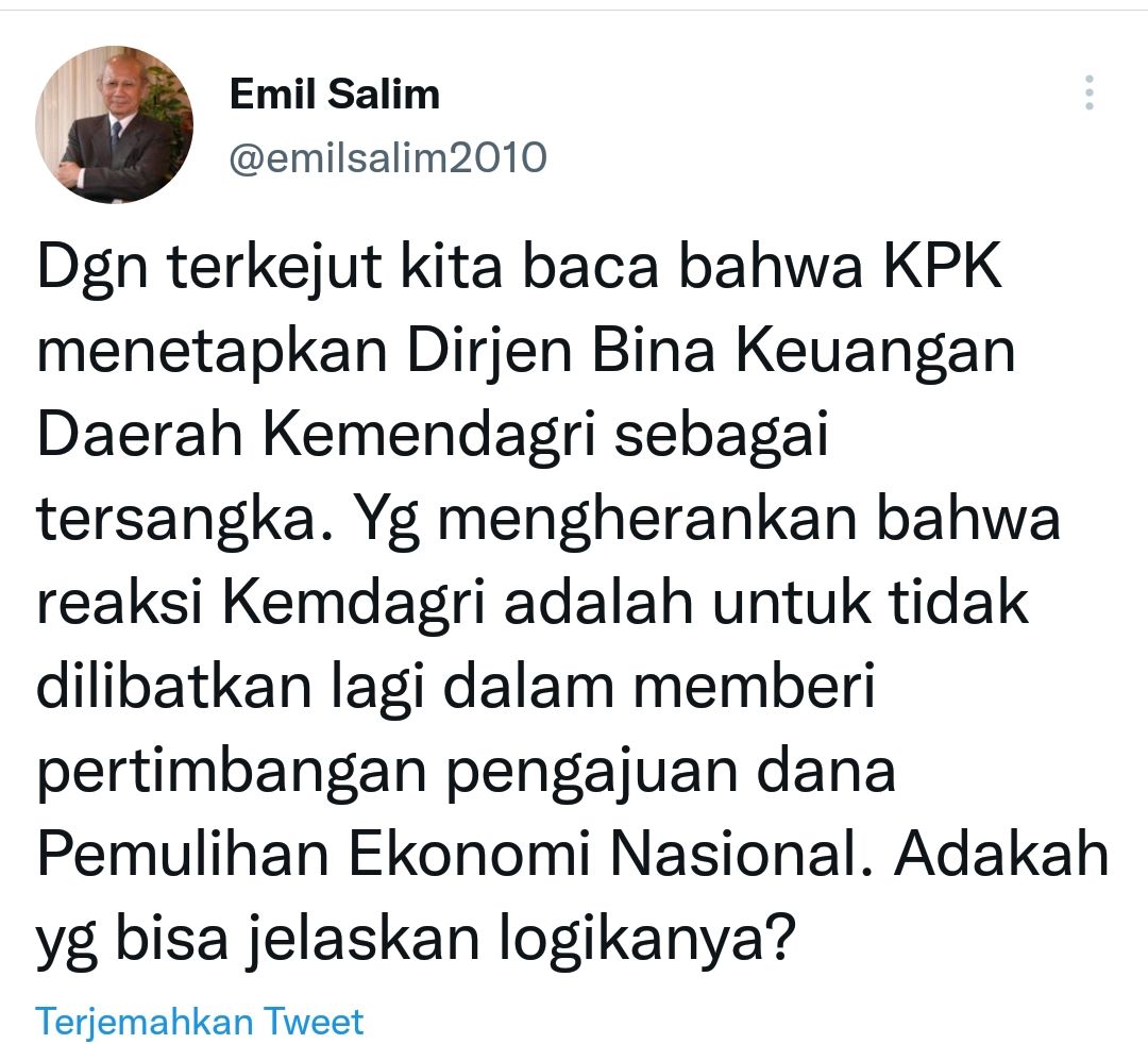 Cuitan Emil Salim soal Kemendagri yang tak ingin terlibat dalam pengajuan PEN.