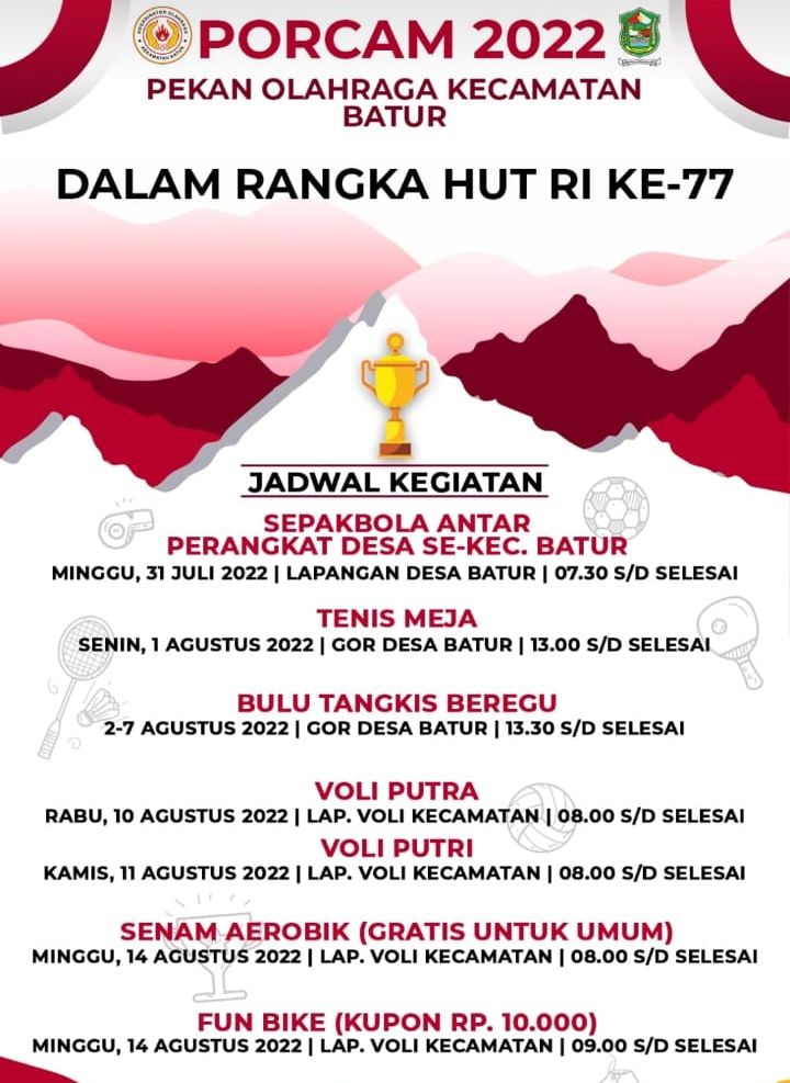 Jadwal Lengkap PORCAM Batur 2022, Negeri Atas Awan! Ada Turnamen Bulu Tangkit Beregu, Meriahkan HUT RI ke-77