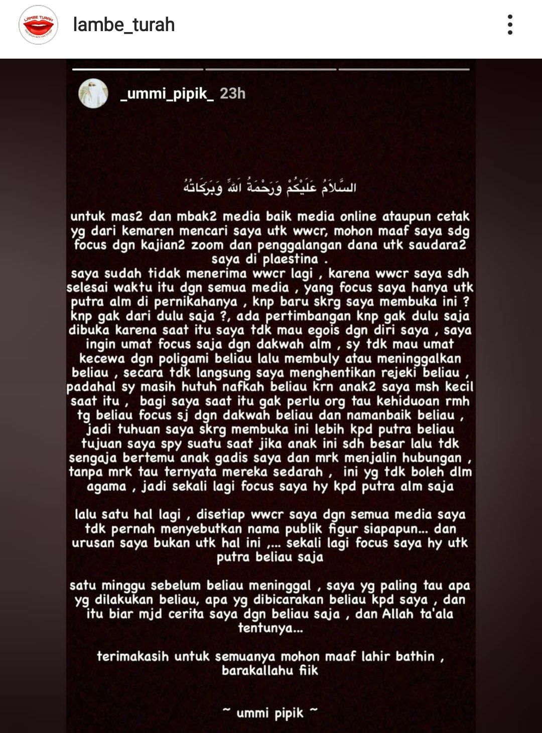 Insta story Umi Pipik yang dibagikan instagram @lambe_turah.
