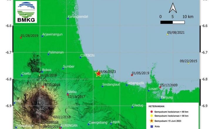 Peta pusat gempa bumi magnitudo 3.2 yang melanda wilayah Kota dan Kabupaten Cirebon Jawa Barat.