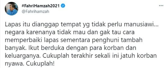Cuitan Fahri Hamzah yang mengkritik soal kondisi lapas di Indonesia.