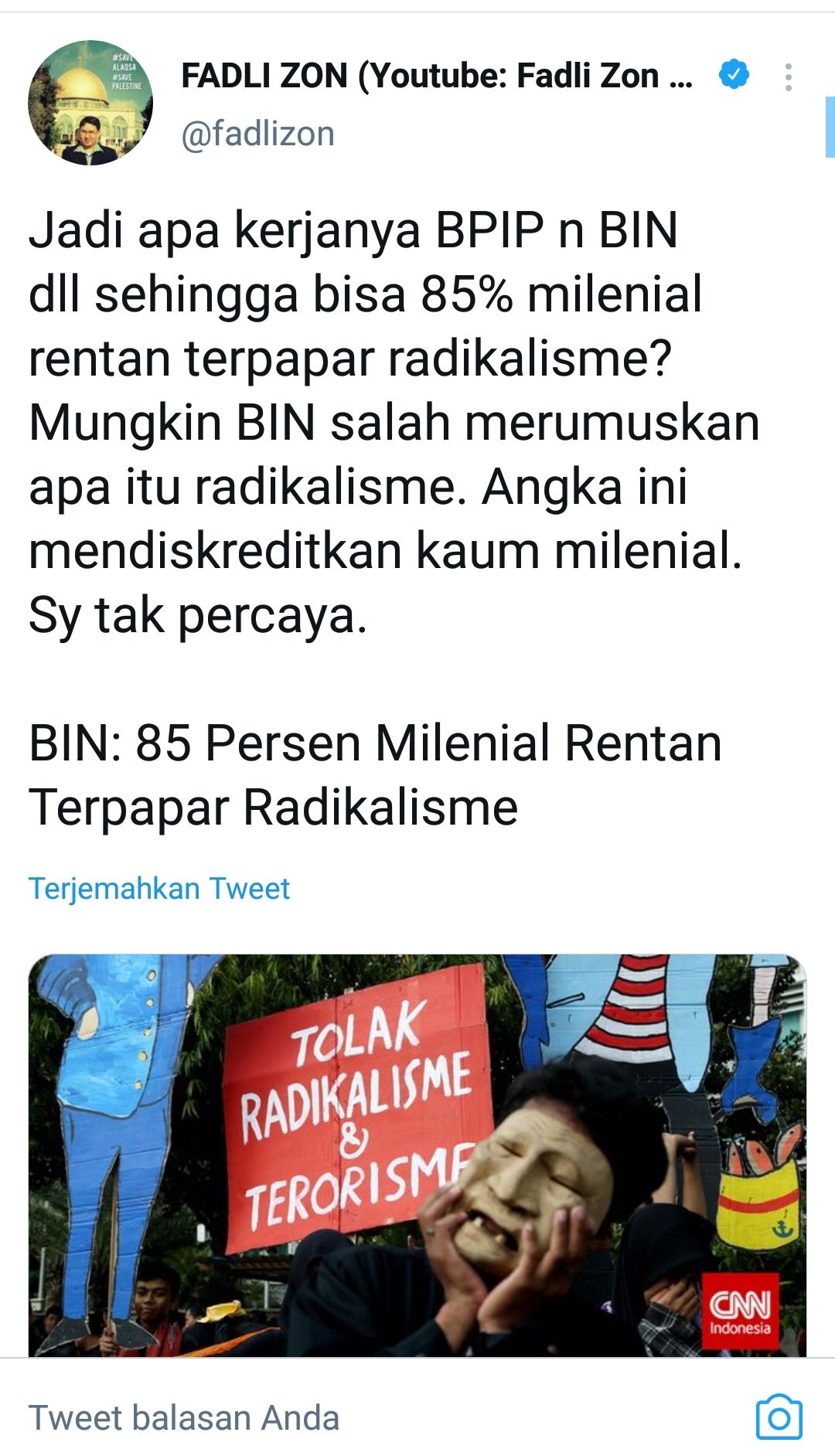 Cuitan Politikus Partai Gerindra Fadli Zon tentang radikalisme, Rabu 16 Juni 2021. 