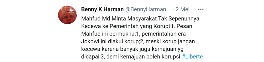Tanggapan Benny Harman atas Pernyataan Mahfud MD terkait pemerintah yang koruptif.