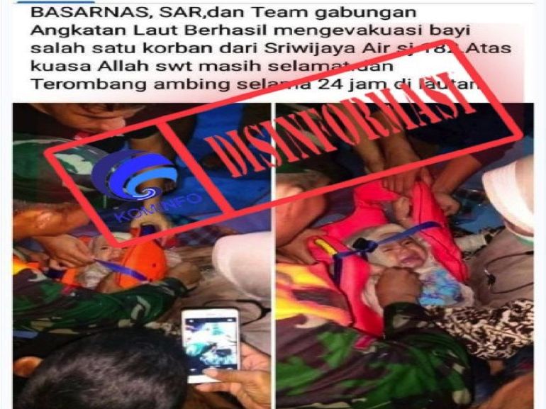 Foto yang menggambarkan sosok bayi diselamatkan oleh Basarnas, dikaitkan kecelakaan pesawat Sriwijaya Air SJ 182.