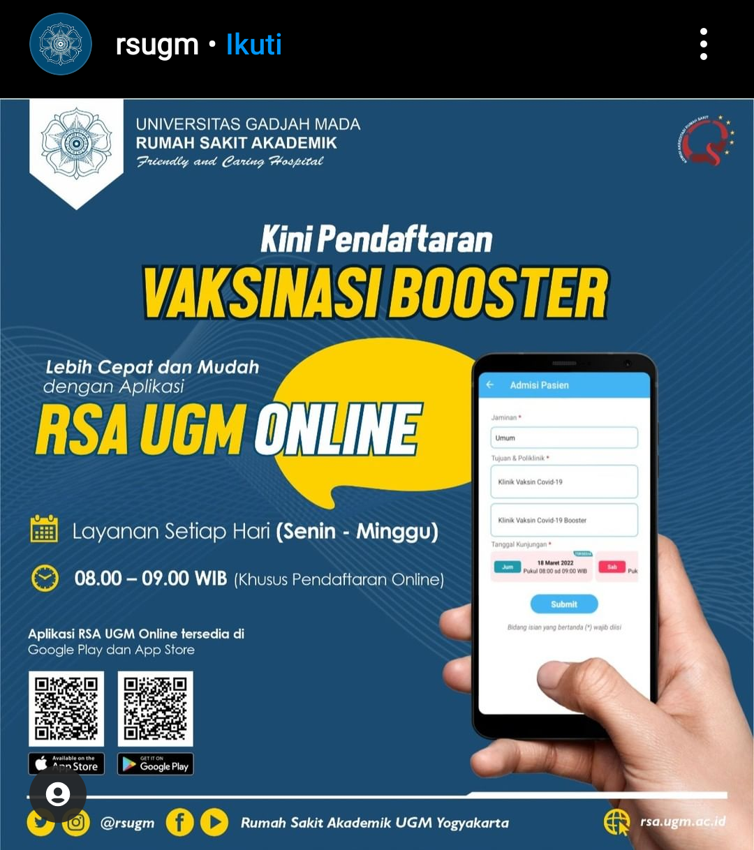 Info Vaksinasi Booster di RSA UGM Yogyakarta, tersedia untuk setiap hari, Yuk simak cara serta bagaimana daftar lewat aplikasi dalam artikel ini