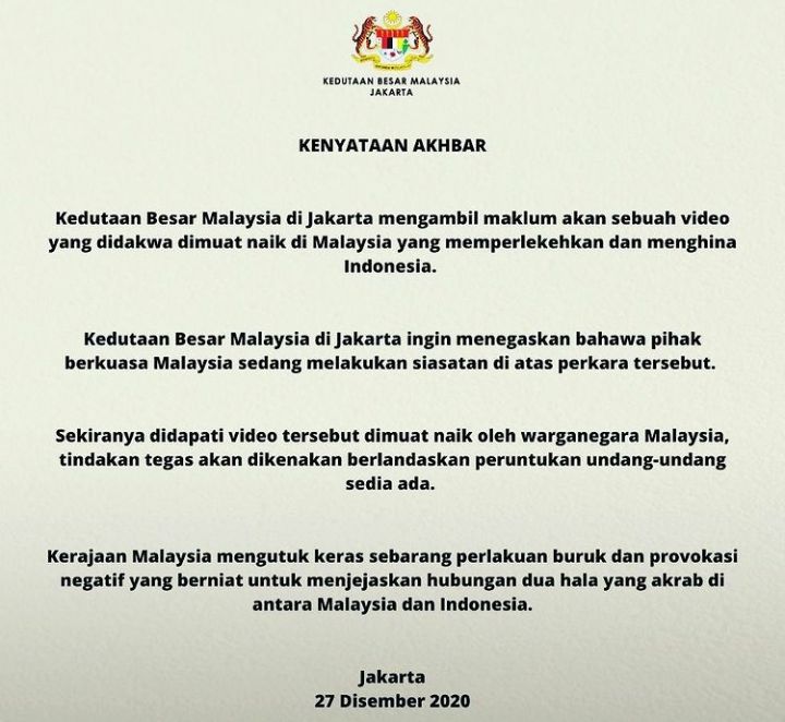 Pernyataan dari Kedutaan Besar Malaysia di Jakarta*