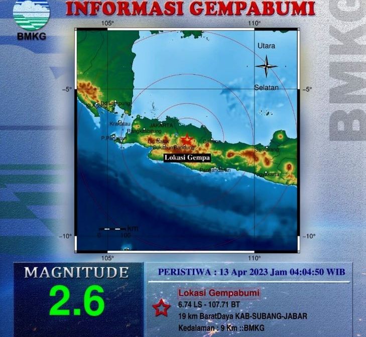 Peta pusat gempa bumi magnitudo 2.6 yang dirasakan masyarakat di Kabupaten Subang Jawa Barat, Kamis 13 April 2023.