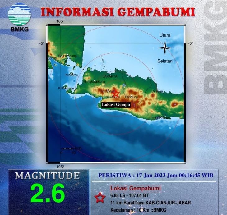 Pusat gempa bumi magnitudo 2,6 yang emlanda Kabupaten Cianjur  Selasa 17 Januari 2023.