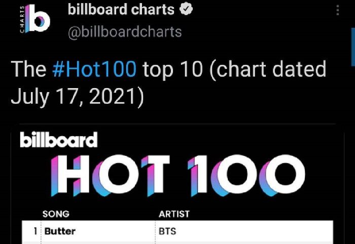 Lagu BTS Butter puncaki Billboard Hot 100 pekan ini.