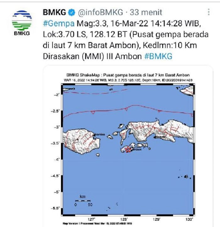Gempa ini terjadi pada pukul 14.14 WIB dengan pusat gempa di laut sejauh 7 KM arah Barat Ambon. Perkiraan kedalaman gempa adalah 10 KM