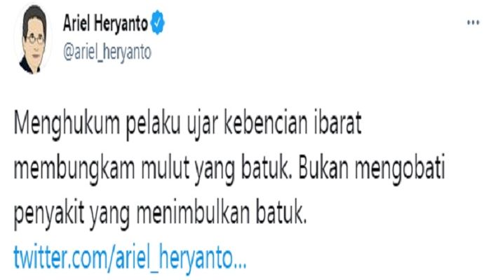 Cuitan Ariel Heryanto yang merespons soal seorang warga berinisial AM diciduk polisi usai olok-olok Gibran Rakbuming,