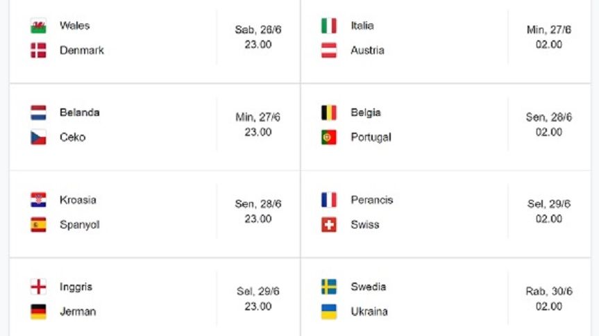 jadwal pertandingan babak 16 besar Euro 2020.*