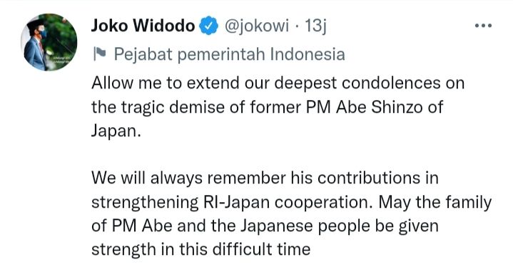 Ucapan Belasungkawa Jokowi dalam Twitternya