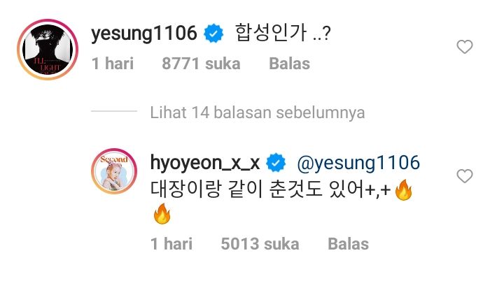 Screenshoot komentar Yesung di akun Hyo