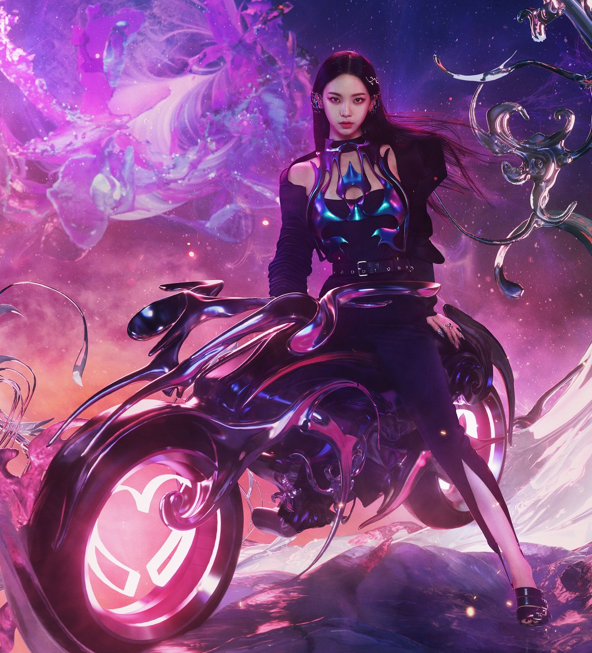 Poster Karina dengan kostum dan sepeda motor futuristik yang bikin heboh linimasa Twitter./Soompi