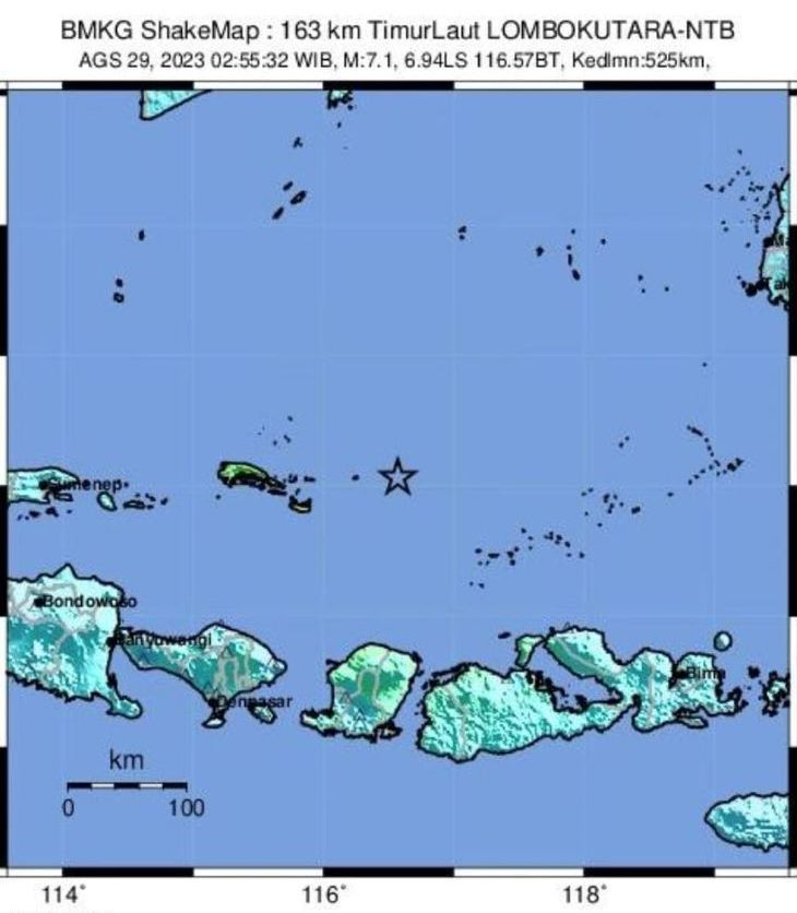 Peta pusat gempa bumi magnitudo 7.1 yang berpusat di perairan Lombok Utara Nusa Tenggara Barat, Selasa 29 Agustus 2023.
