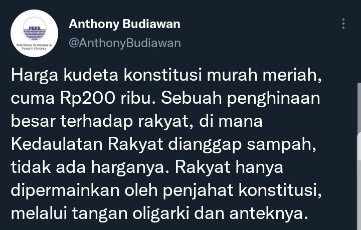 Cuitan Ekonom Anthony Budiawan soal kabar tukang cendol dibayar Rp200.000 untuk bilang 'Jokowi 3 perideo'.