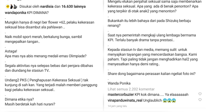Wanda Ponika mempertanyakan sikap dan tanggapan Komisi Penyiaran Indonesia (KPI) usai bebasnya Saipul Jamil.*