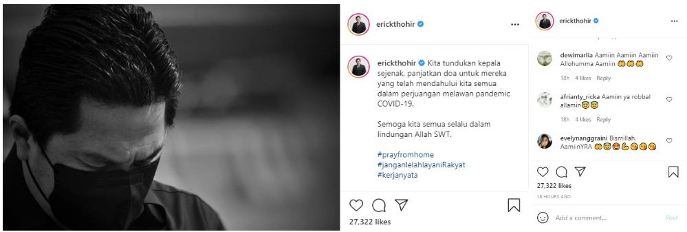 Menteri BUMN Erick Thohir mengajak masyarakat Indonesia memanjatkan doa untuk para korban meninggal dunia akibat Covid-19.*