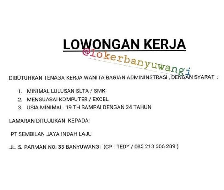 Loker Banyuwangi 2020 Pt Sembilan Jaya Indah Laju Membutuhkan Karyawan Administrasi Ringtimes Banyuwangi