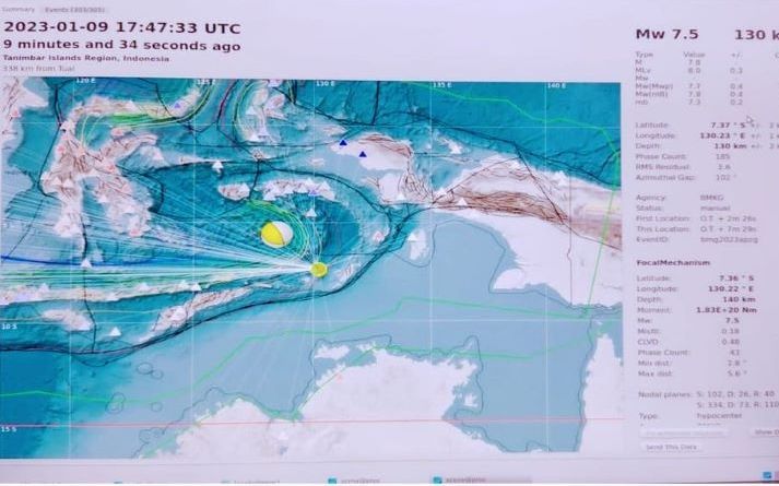 Peta lokasi gempa bumi berada di Barat Laut Kota Saumlaki, Kota Kabupaten Kepulauan Tanimbar, Provinsi Maluku. magnitudo 7,9 pada Selasa 10 Januari 2023.