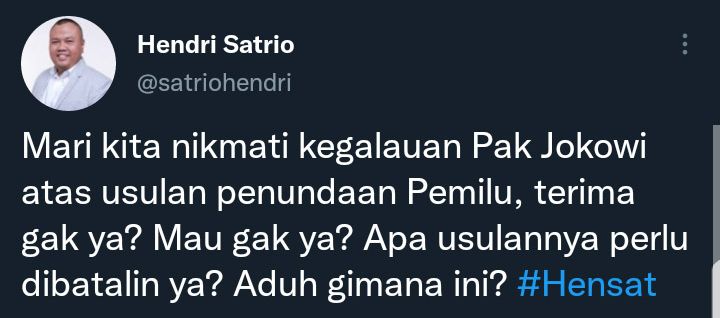 Cuitan Hendri Satrio soal nama Luhut Pandjaitan terseret dalam polemik wacana penundaan Pemilu 2024.